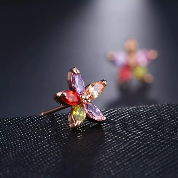Cute Multicolor AAA CZ Flower RG Stud Earrings - Picture 3 of 5